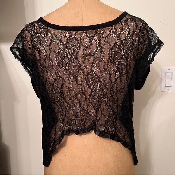 Black Emma & Sam Lace Panel Cropped Short Sleeve T-Shirt Top - Picture 2 of 7